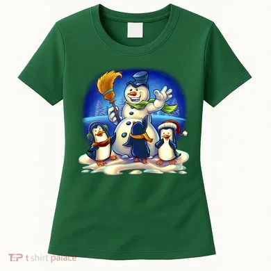 Snowman With Penguins Having Fun Women's T-Shirt