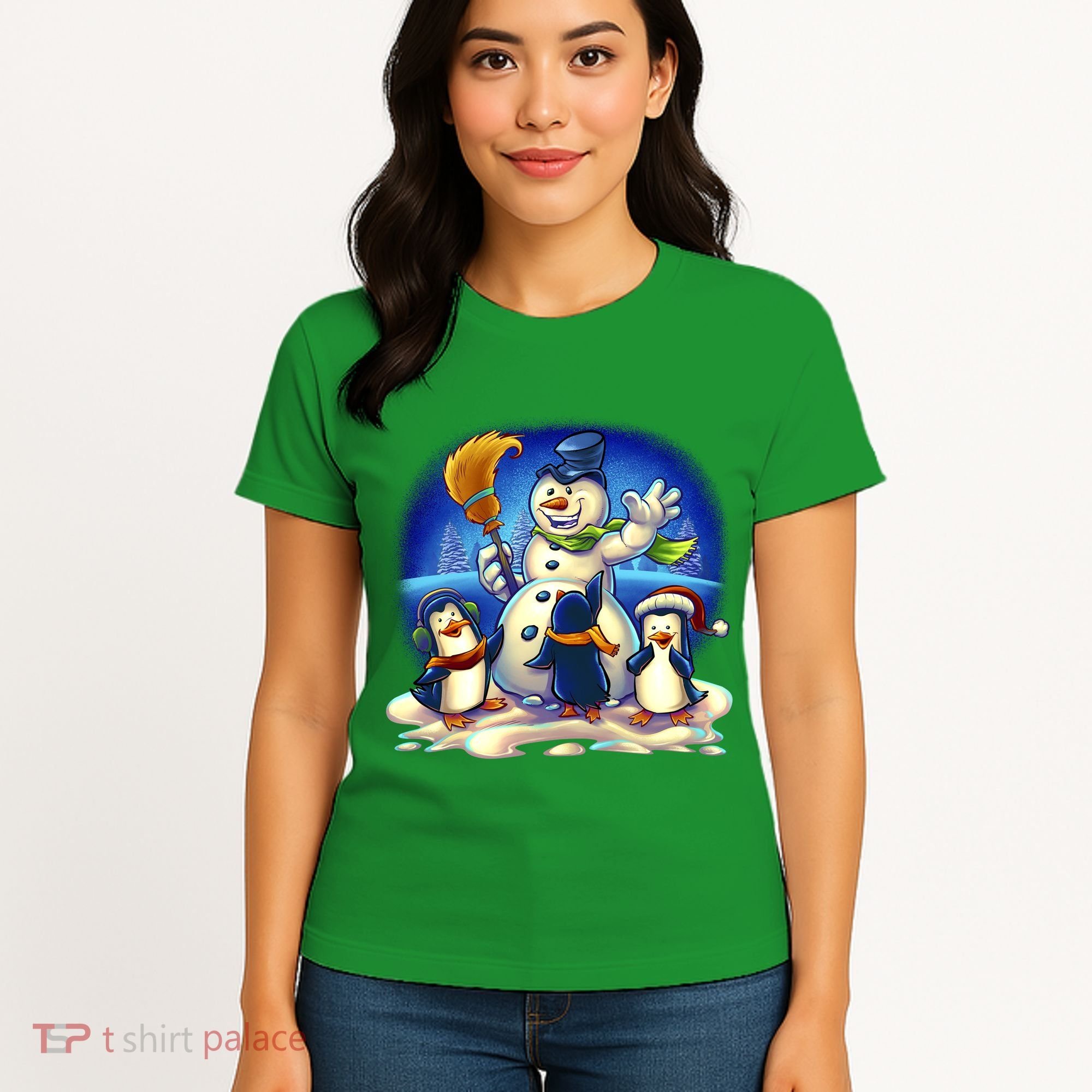 Snowman With Penguins Having Fun Women's T-Shirt