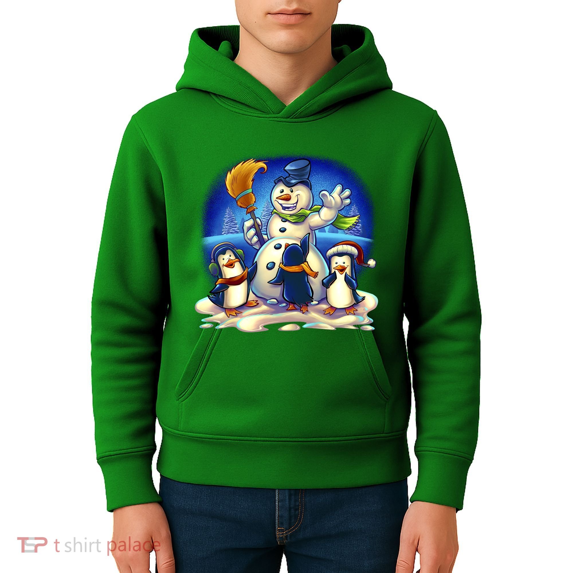 Snowman With Penguins Having Fun Kids Hoodie