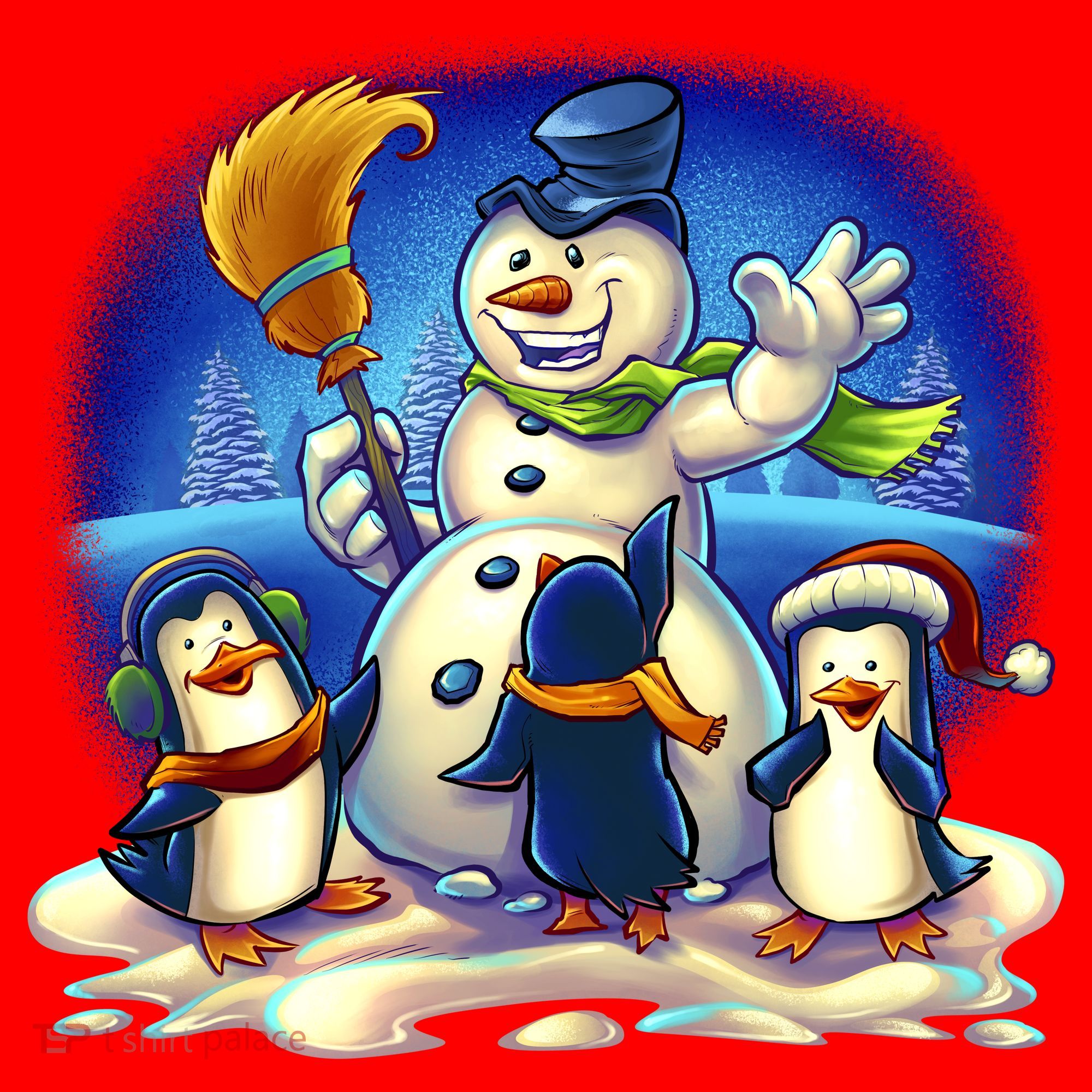 Snowman With Penguins Having Fun Santa Hat