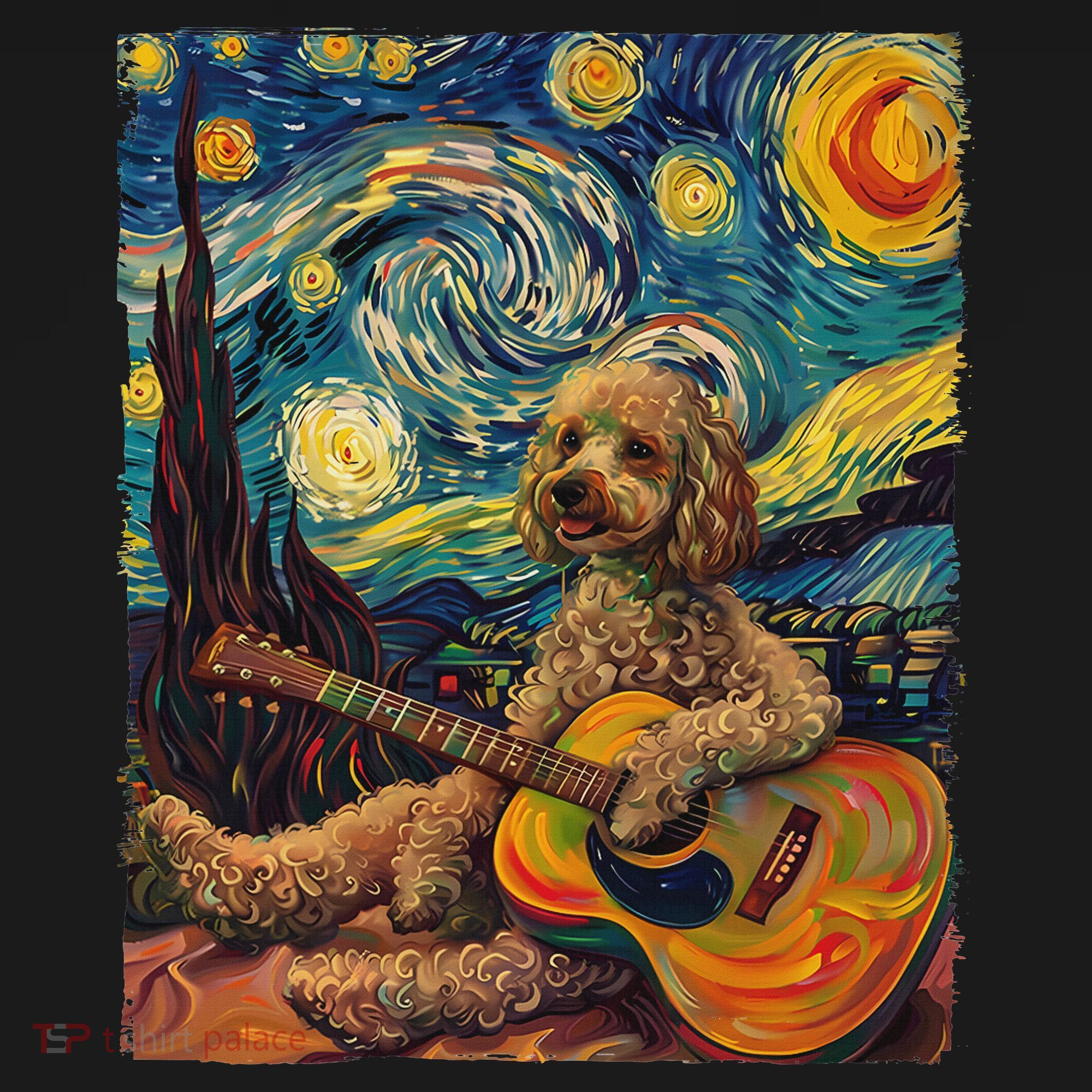 Starry Night Poodle Dog Playing The Guitar, Dog Painting Fun Long Sleeve Shirt