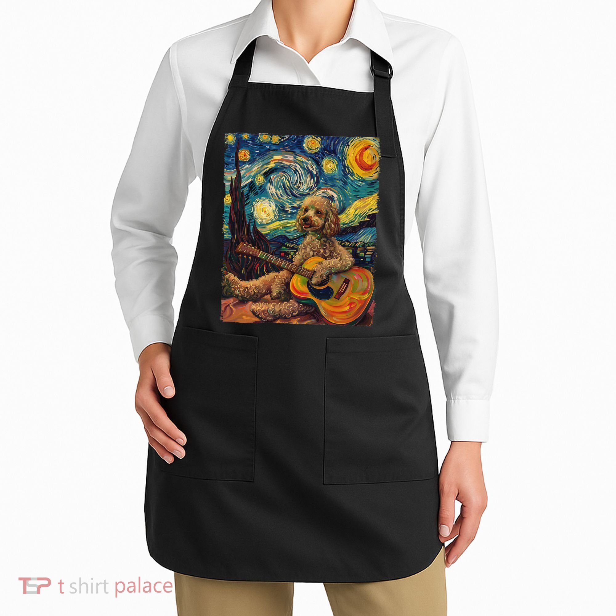 Starry Night Poodle Dog Playing The Guitar, Dog Painting Fun Apron