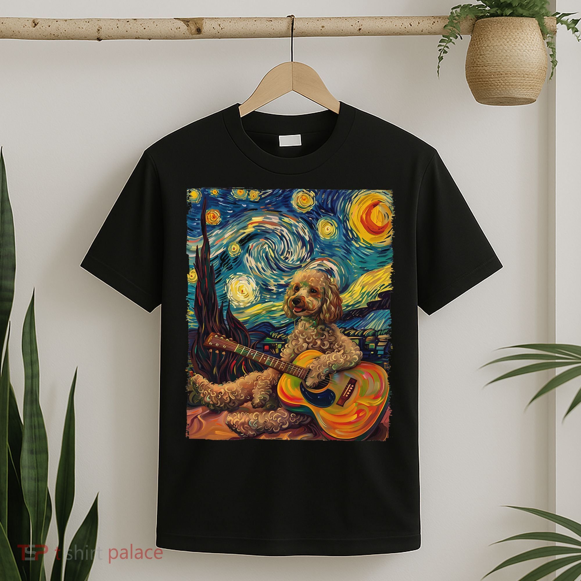 Starry Night Poodle Dog Playing The Guitar, Dog Painting Fun T-Shirt