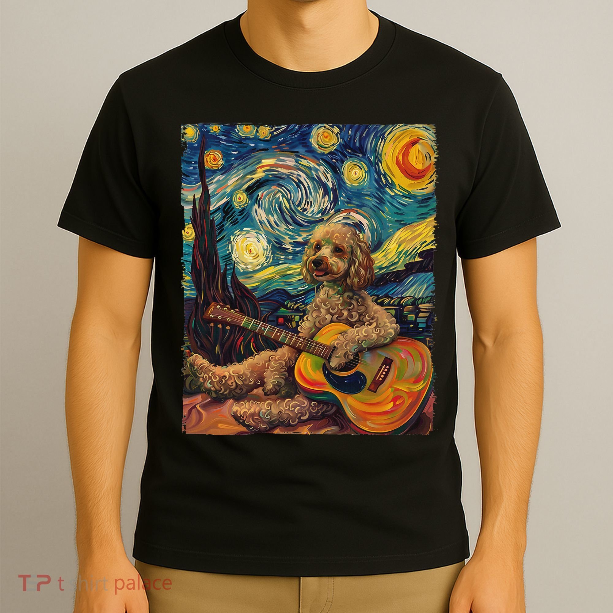 Starry Night Poodle Dog Playing The Guitar, Dog Painting Fun T-Shirt