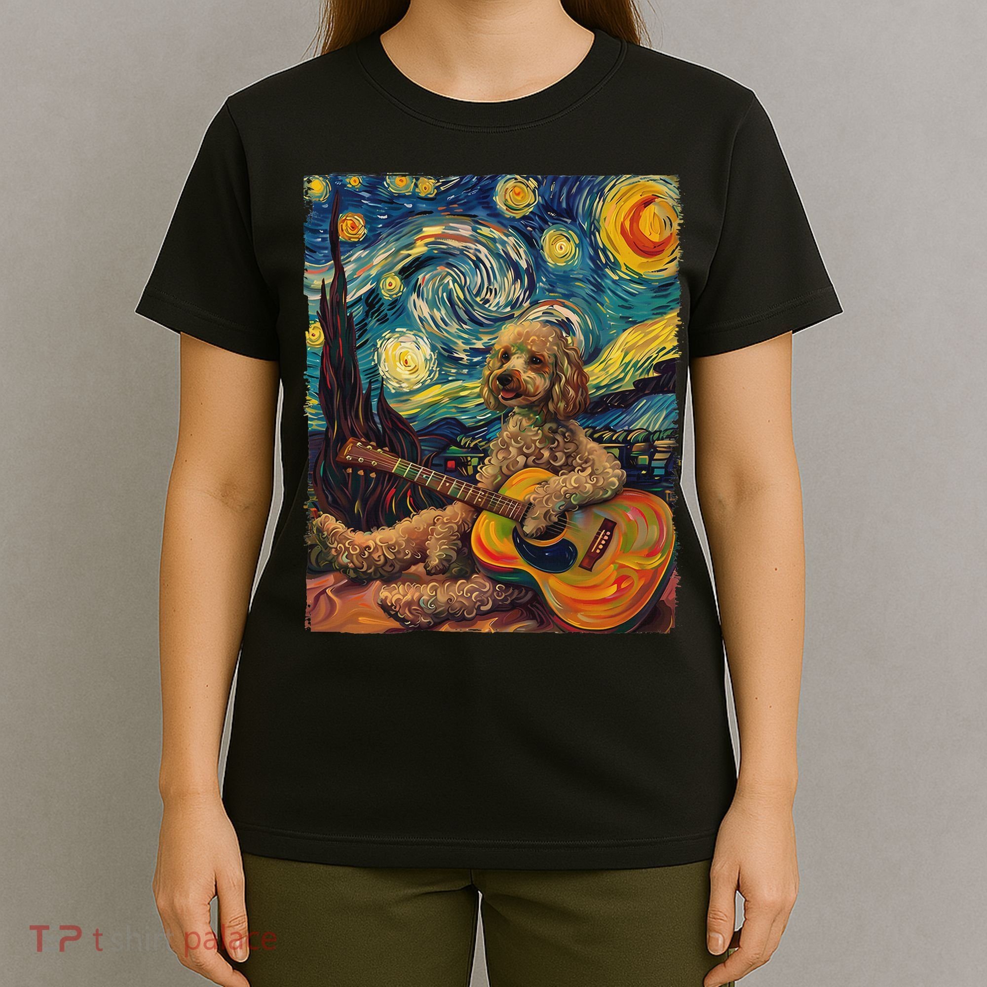 Starry Night Poodle Dog Playing The Guitar, Dog Painting Fun T-Shirt
