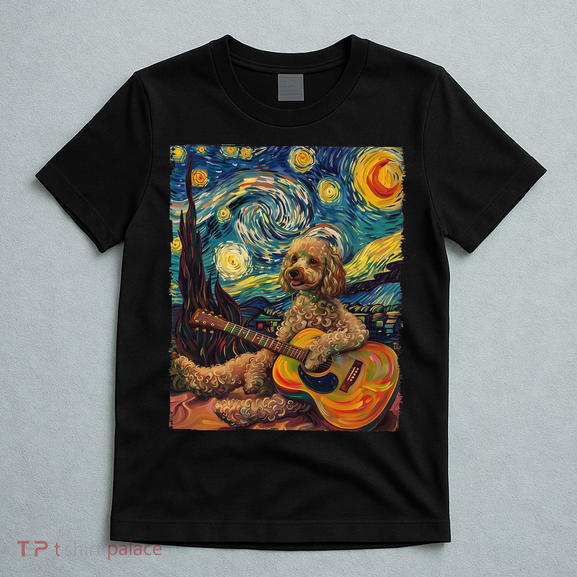 Starry Night Poodle Dog Playing The Guitar, Dog Painting Fun T-Shirt