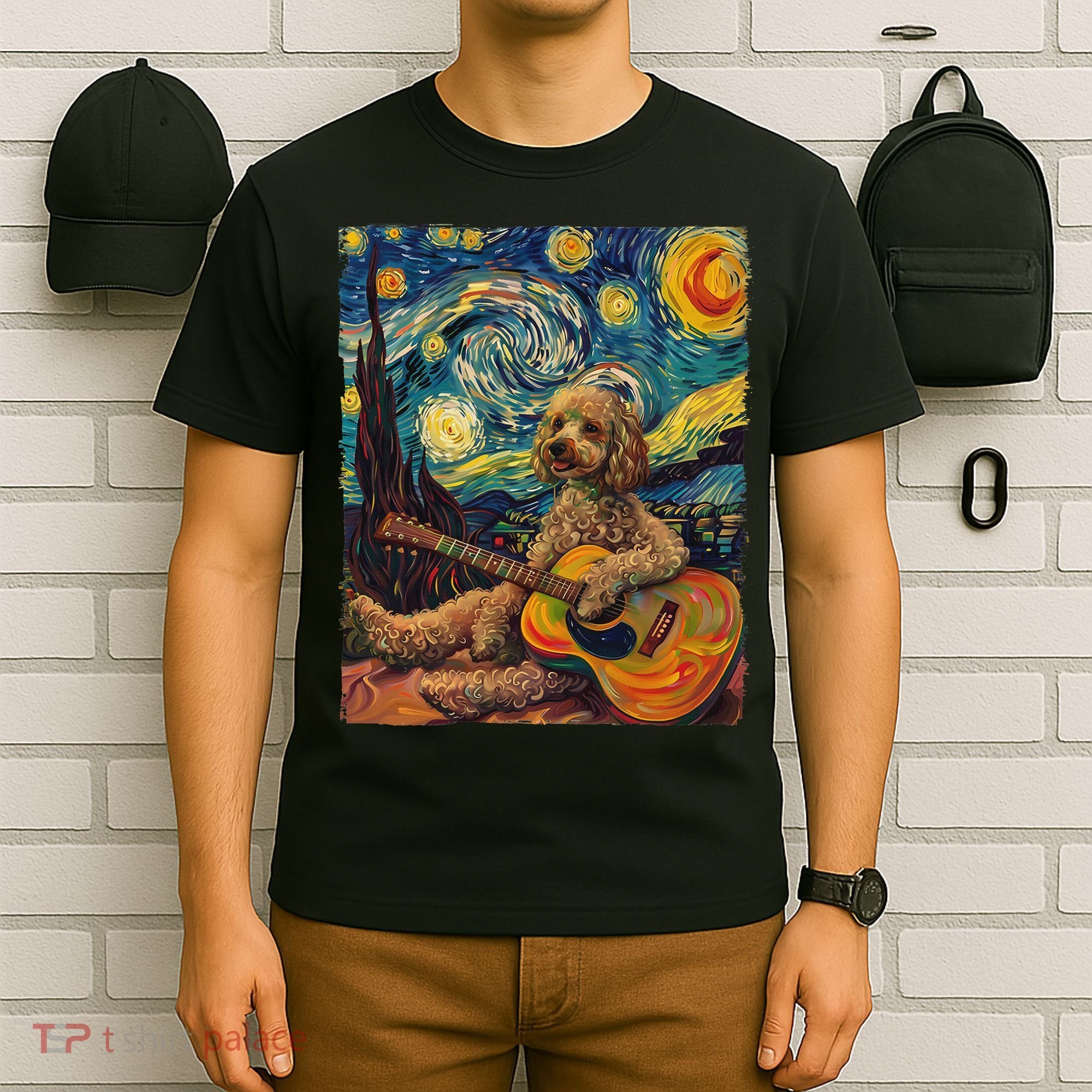 Starry Night Poodle Dog Playing The Guitar, Dog Painting Fun T-Shirt