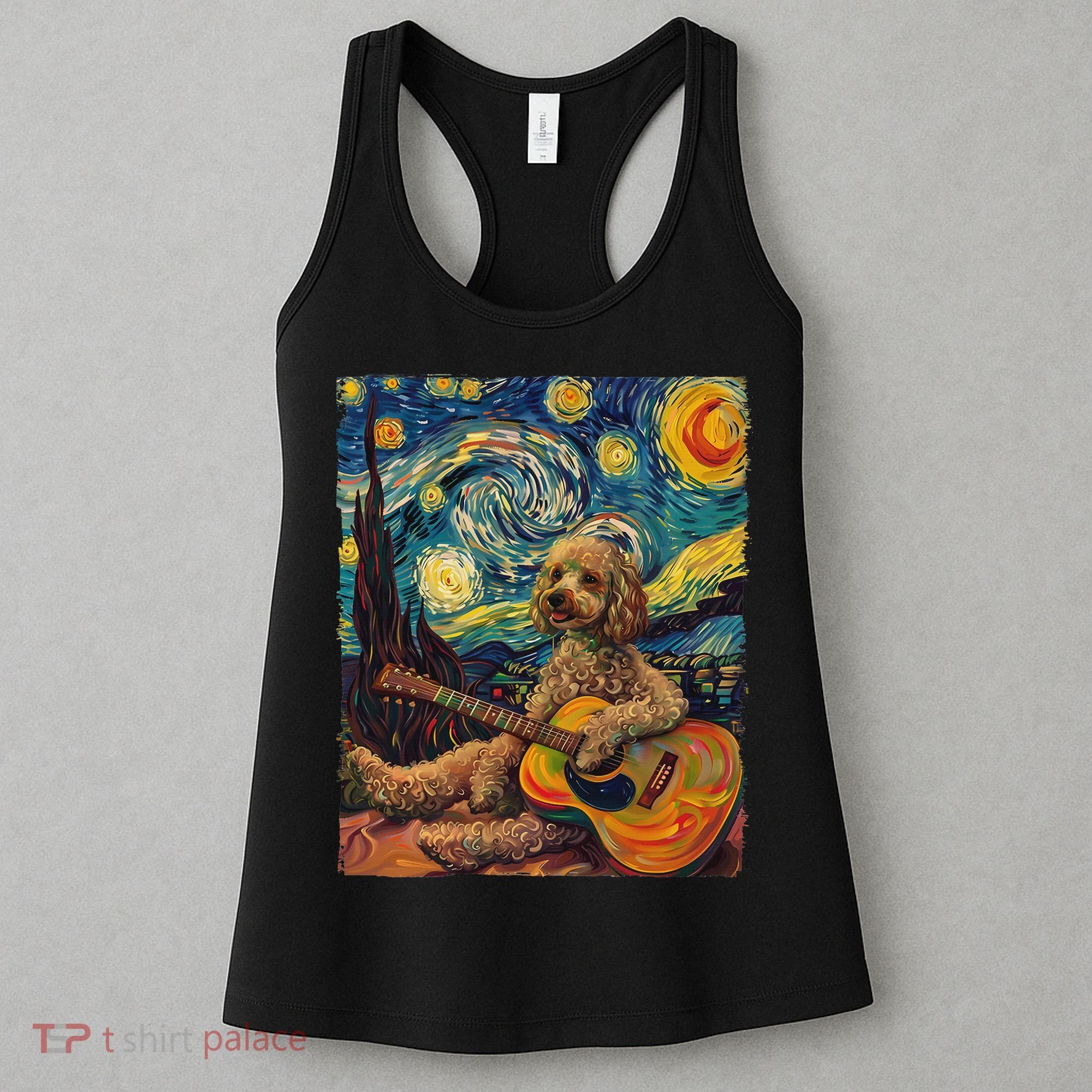 Starry Night Poodle Dog Playing The Guitar, Dog Painting Fun Women's Tank Top