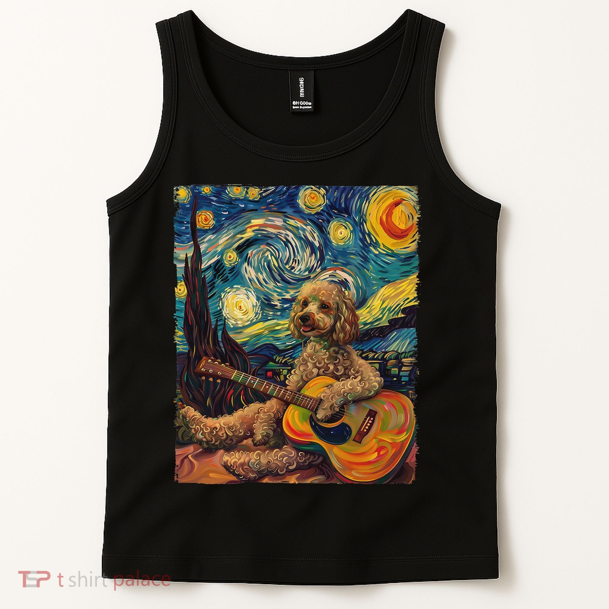 Starry Night Poodle Dog Playing The Guitar, Dog Painting Fun Tank Top