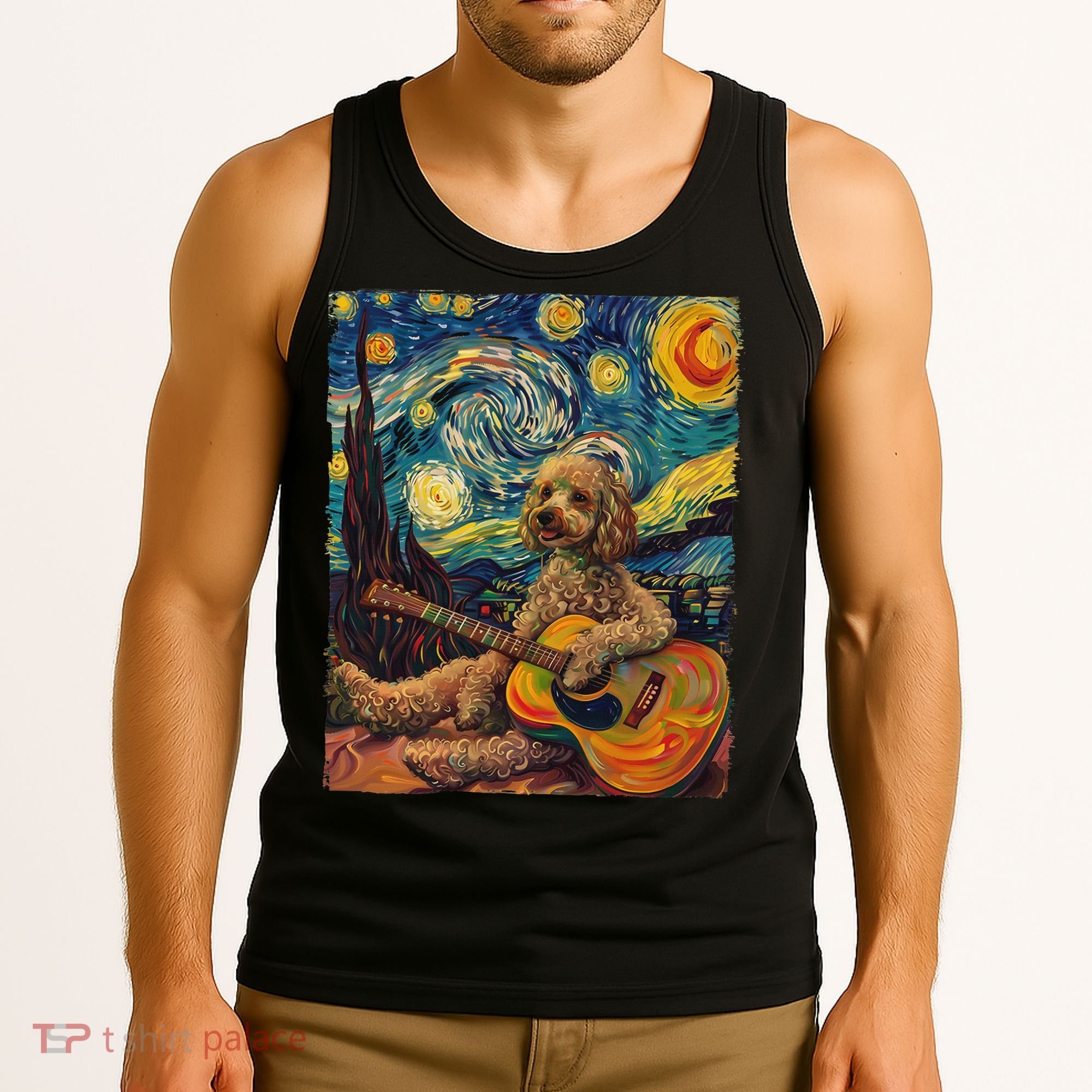 Starry Night Poodle Dog Playing The Guitar, Dog Painting Fun Tank Top