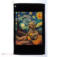 Starry Night Poodle Dog Playing The Guitar, Dog Painting Fun Golf Towel thumb 0