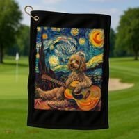 Starry Night Poodle Dog Playing The Guitar, Dog Painting Fun Golf Towel thumb 1