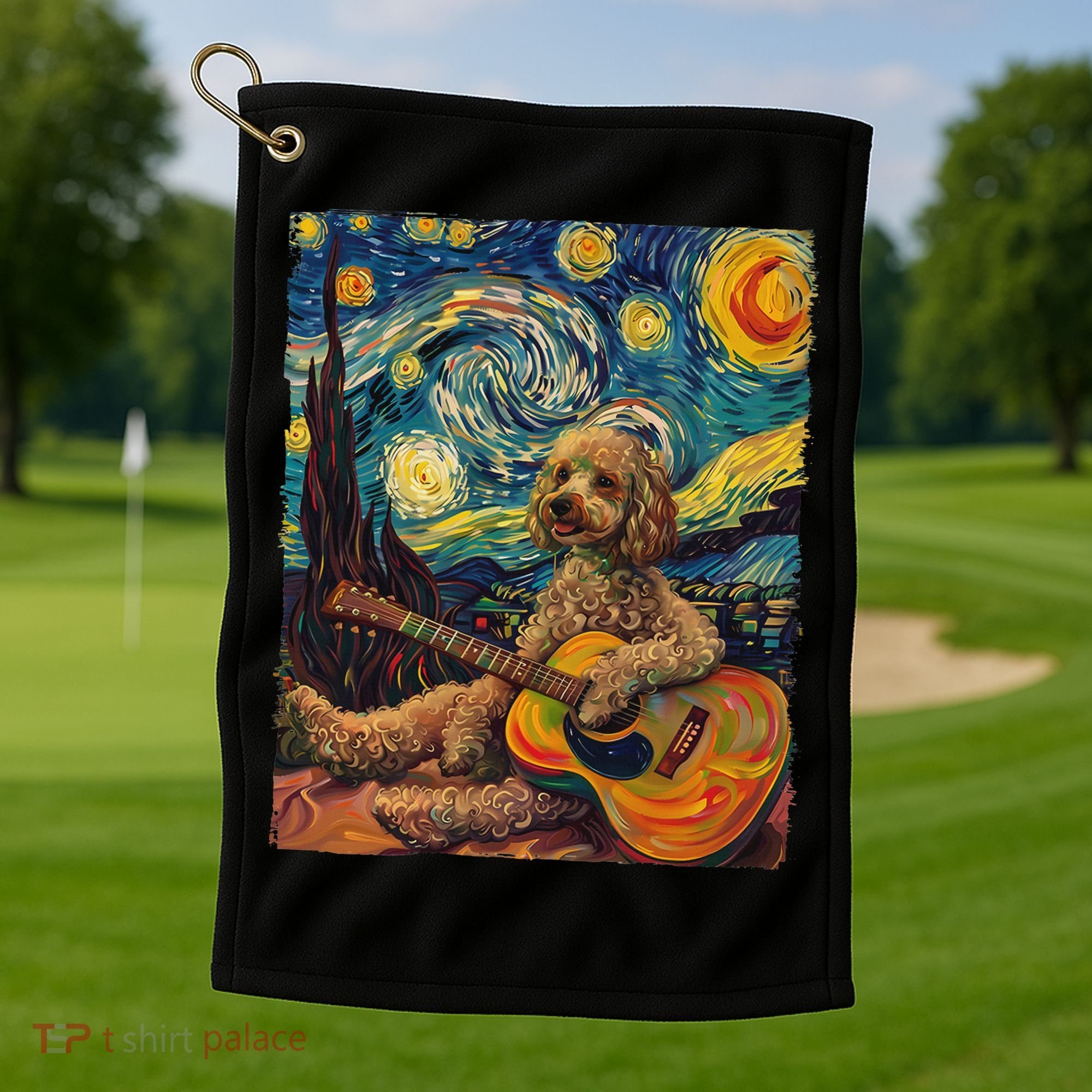 Starry Night Poodle Dog Playing The Guitar, Dog Painting Fun Golf Towel