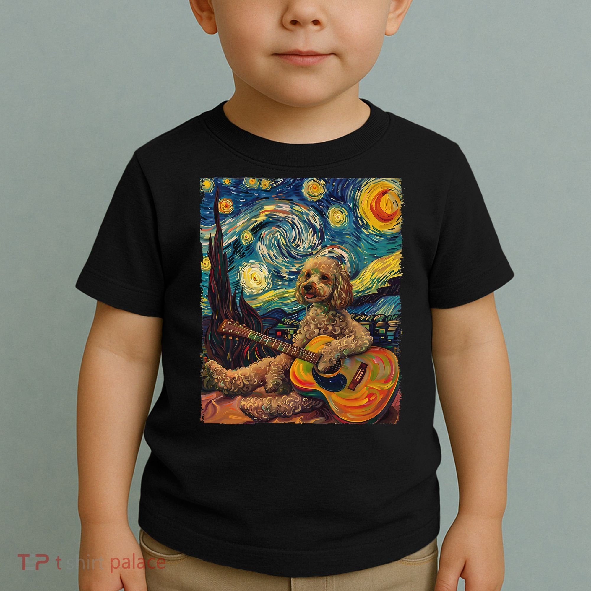 Starry Night Poodle Dog Playing The Guitar, Dog Painting Fun Toddler T-Shirt