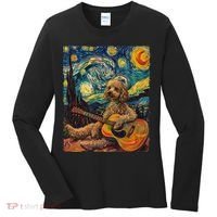Starry Night Poodle Dog Playing The Guitar, Dog Painting Fun Women's Long Sleeve Shirt thumb 0