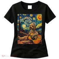 Starry Night Poodle Dog Playing The Guitar, Dog Painting Fun Women's T-Shirt thumb 0