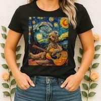 Starry Night Poodle Dog Playing The Guitar, Dog Painting Fun Women's T-Shirt thumb 2