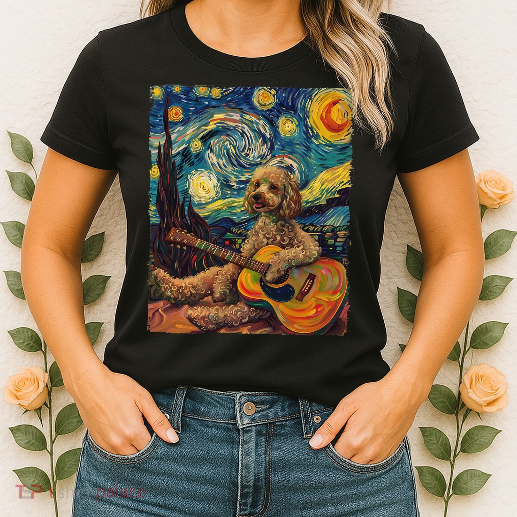 Starry Night Poodle Dog Playing The Guitar, Dog Painting Fun Women's T-Shirt