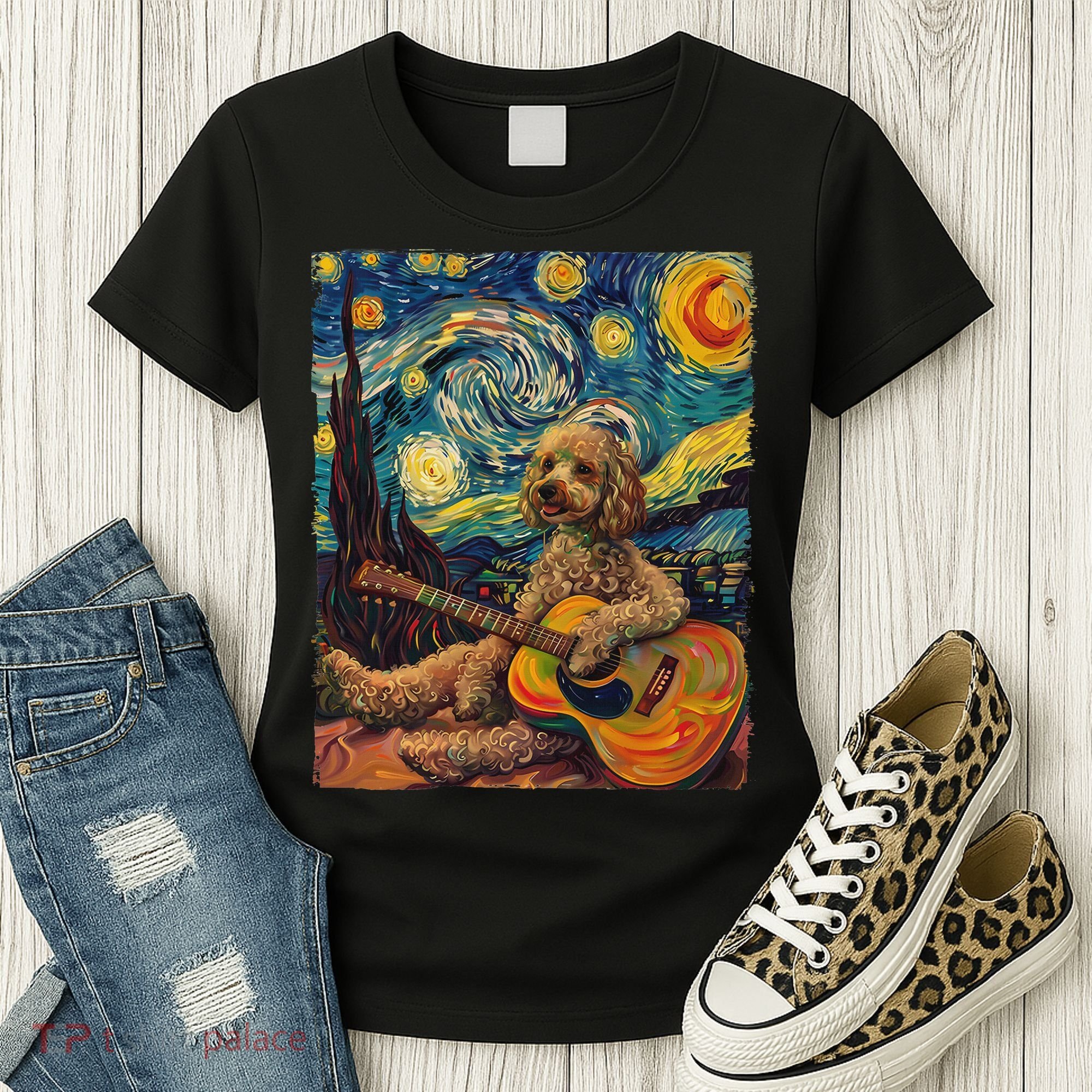 Starry Night Poodle Dog Playing The Guitar, Dog Painting Fun Women's T-Shirt