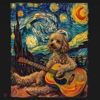 Starry Night Poodle Dog Playing The Guitar, Dog Painting Fun Women's T-Shirt thumb 6