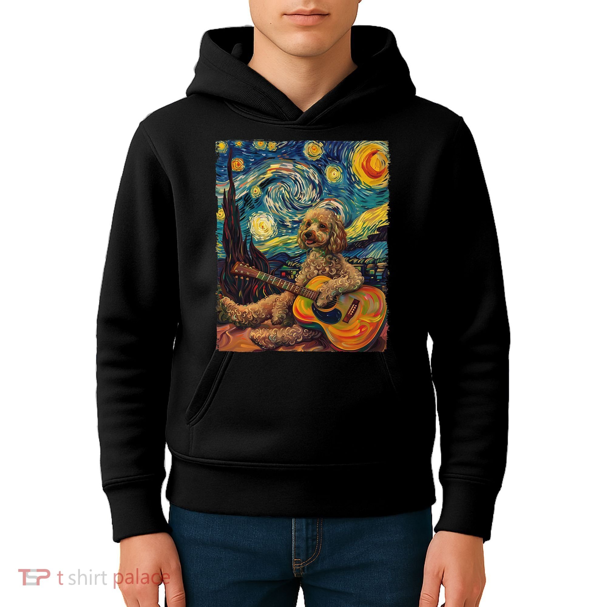 Starry Night Poodle Dog Playing The Guitar, Dog Painting Fun Kids Hoodie