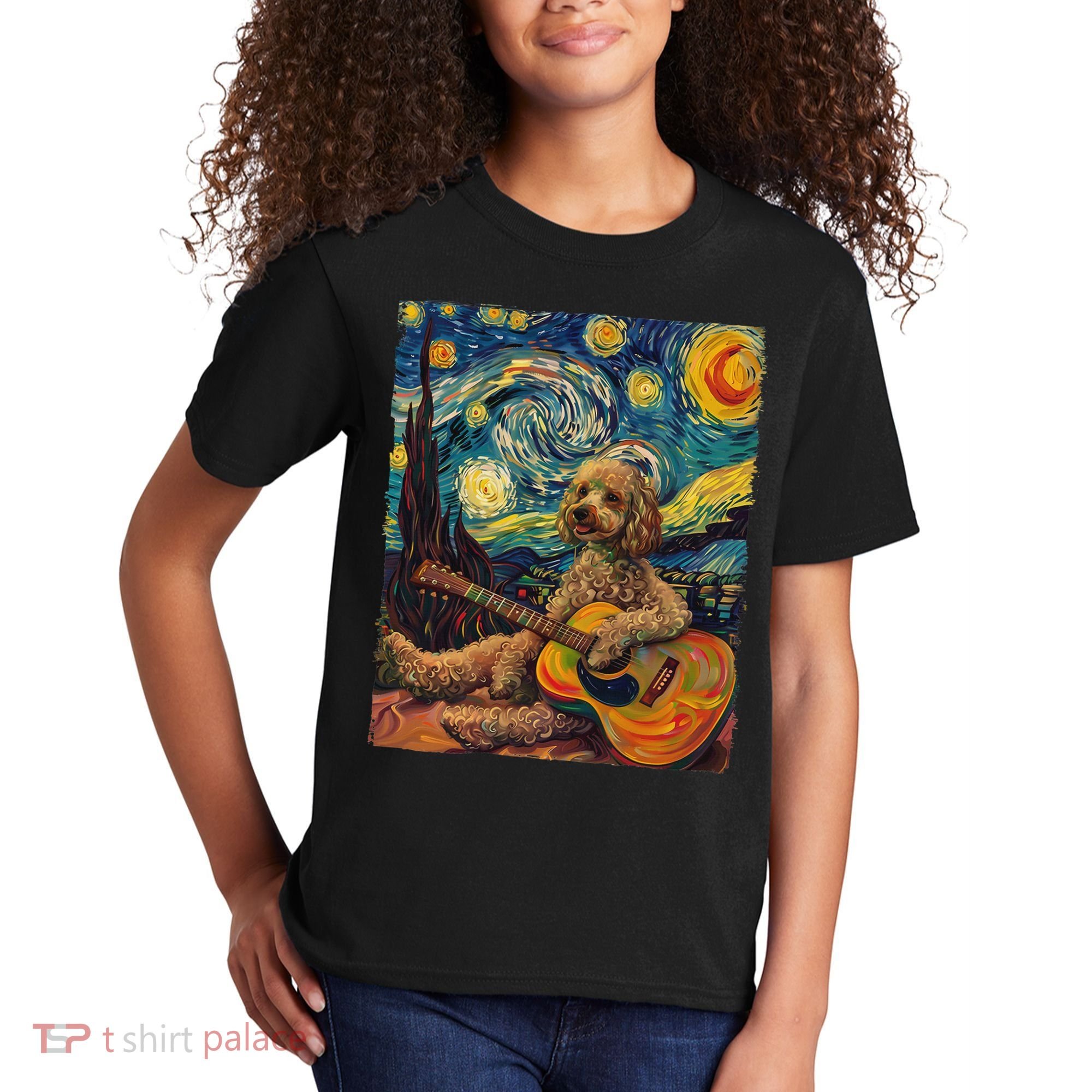 Starry Night Poodle Dog Playing The Guitar, Dog Painting Fun Kids T-Shirt