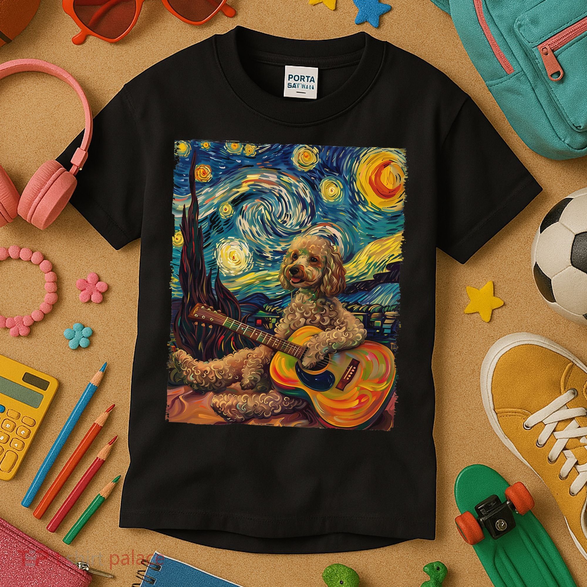 Starry Night Poodle Dog Playing The Guitar, Dog Painting Fun Kids T-Shirt
