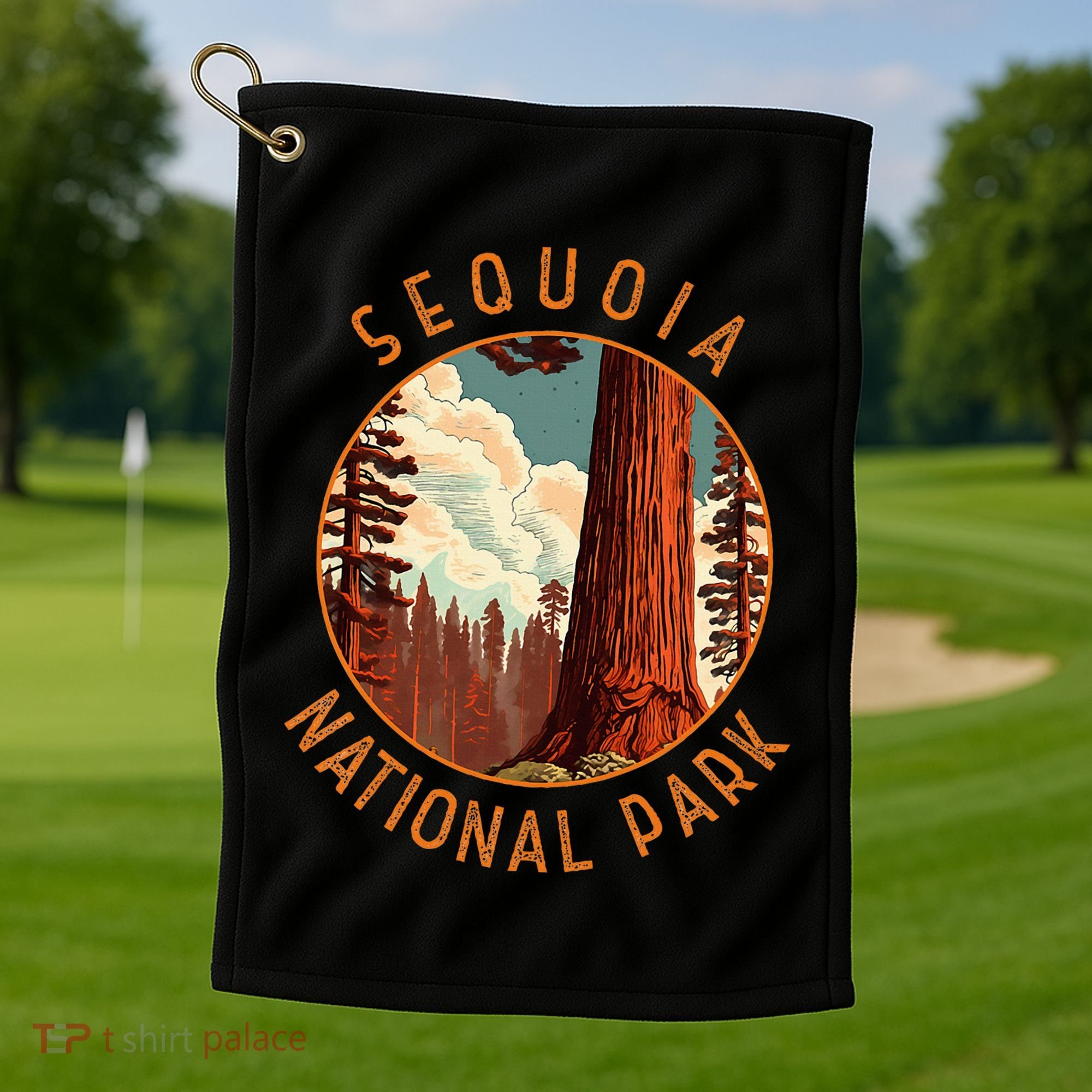 Sequoia National Park Illustration Distressed Circle Golf Towel