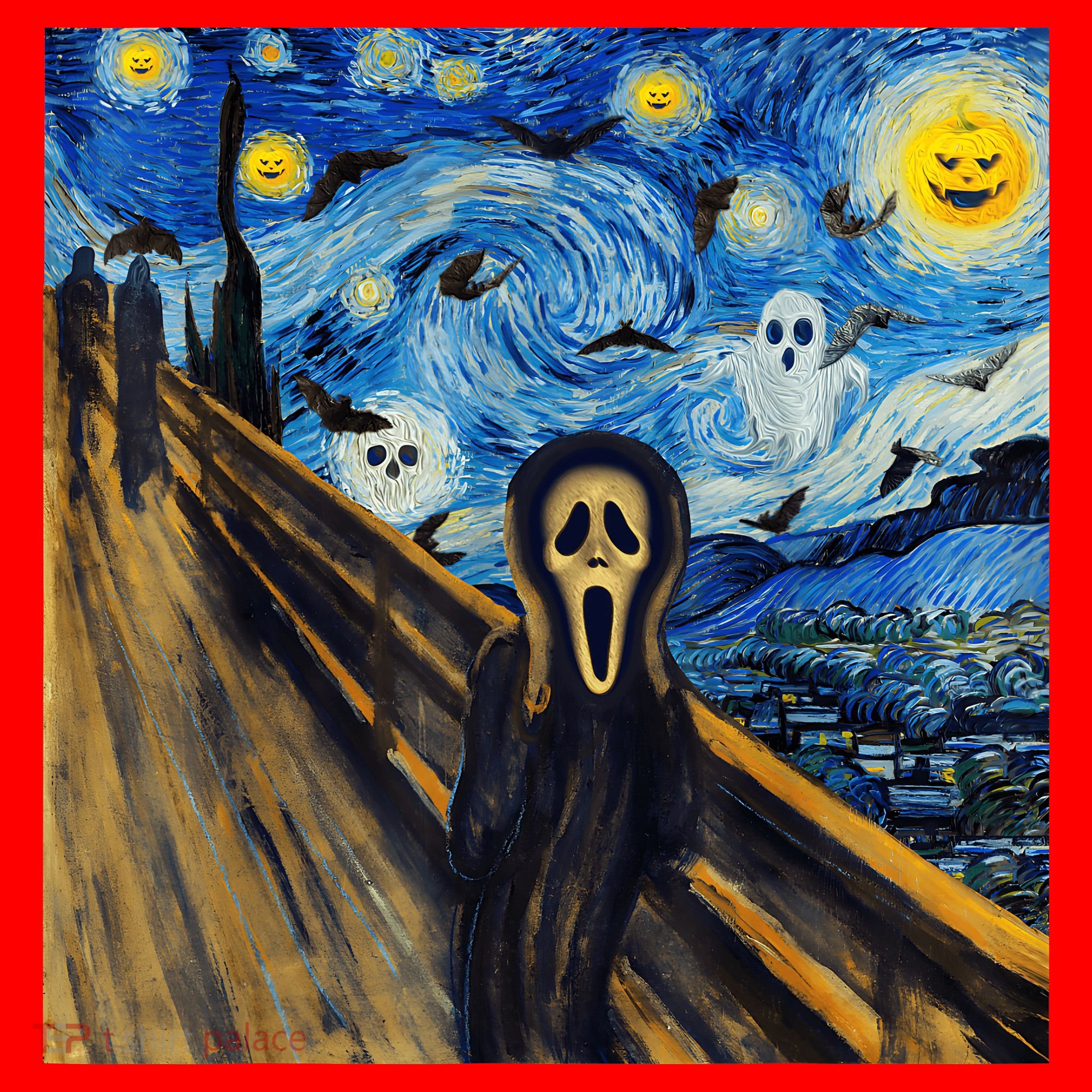 Starry Night Scream Scary Night Van Gogh Munch Halloweenmin Santa Hat