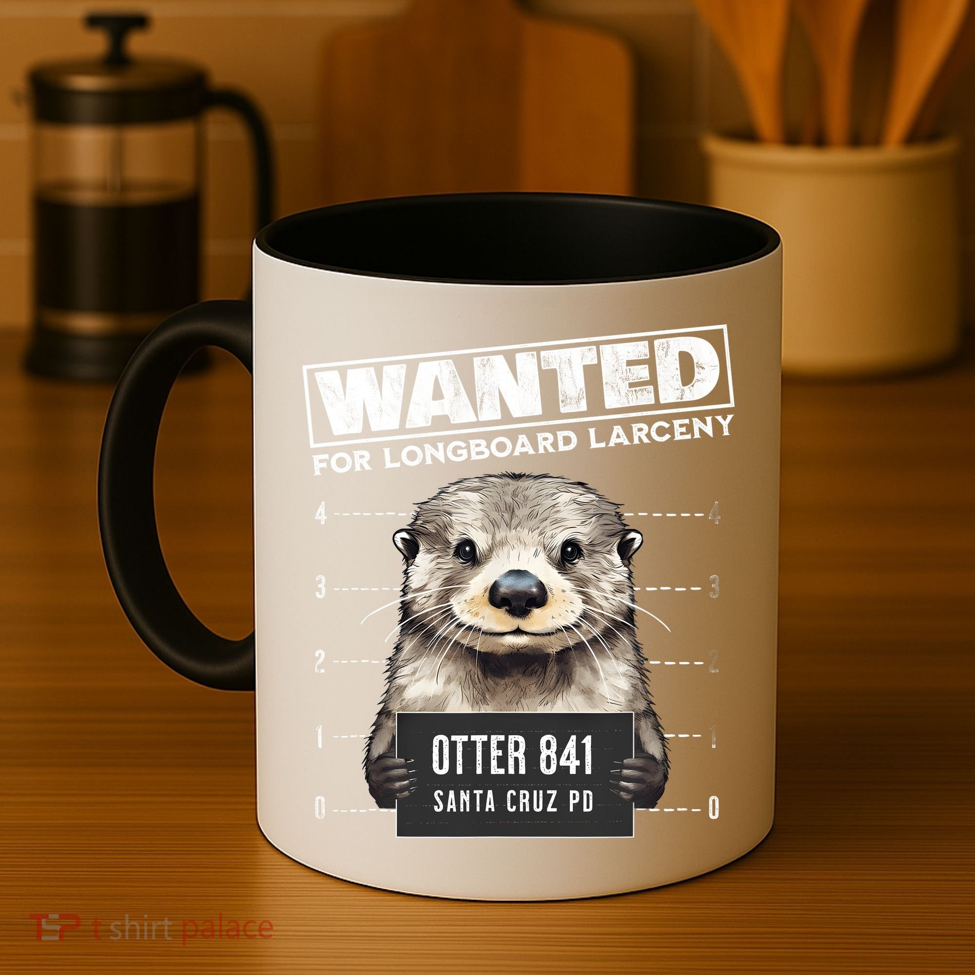 Surfing Otter 841 Wanted For Long Board Larceny Funny Cali Coffee Mug