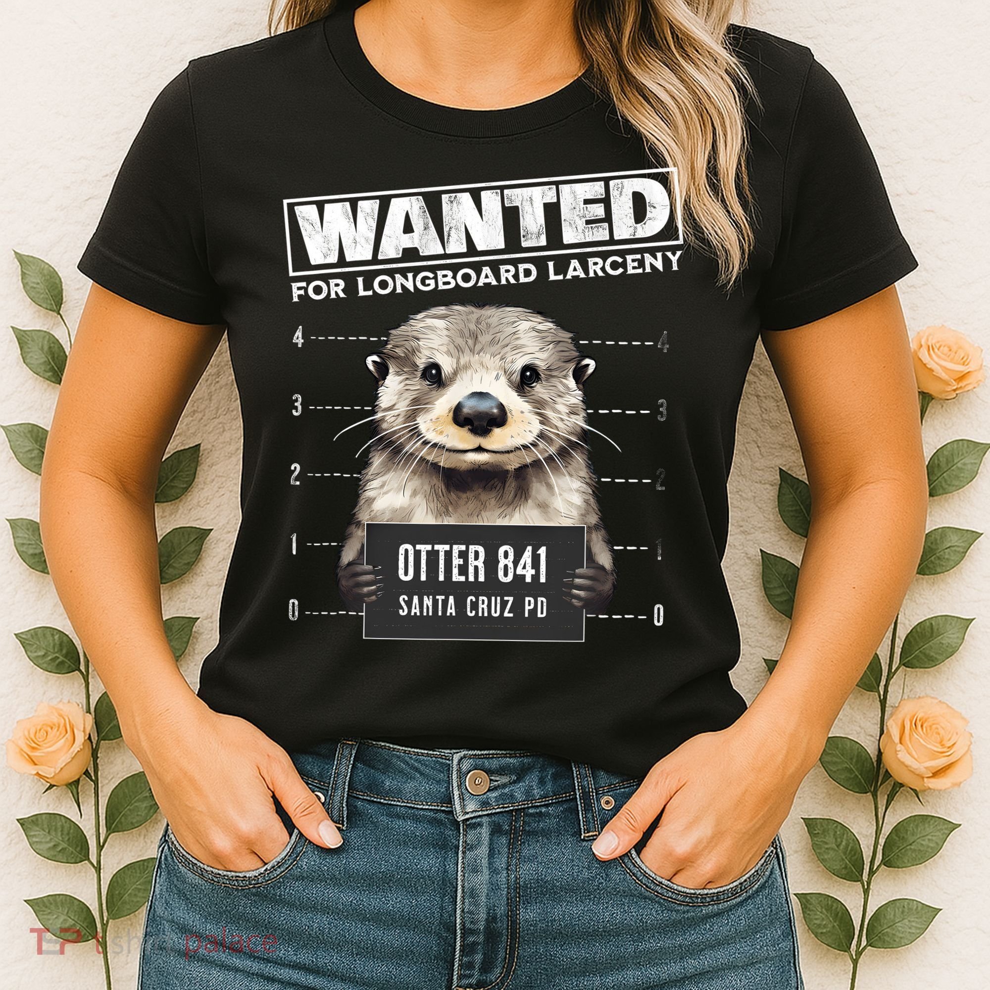 Surfing Otter 841 Wanted For Long Board Larceny Funny Cali Women's T-Shirt