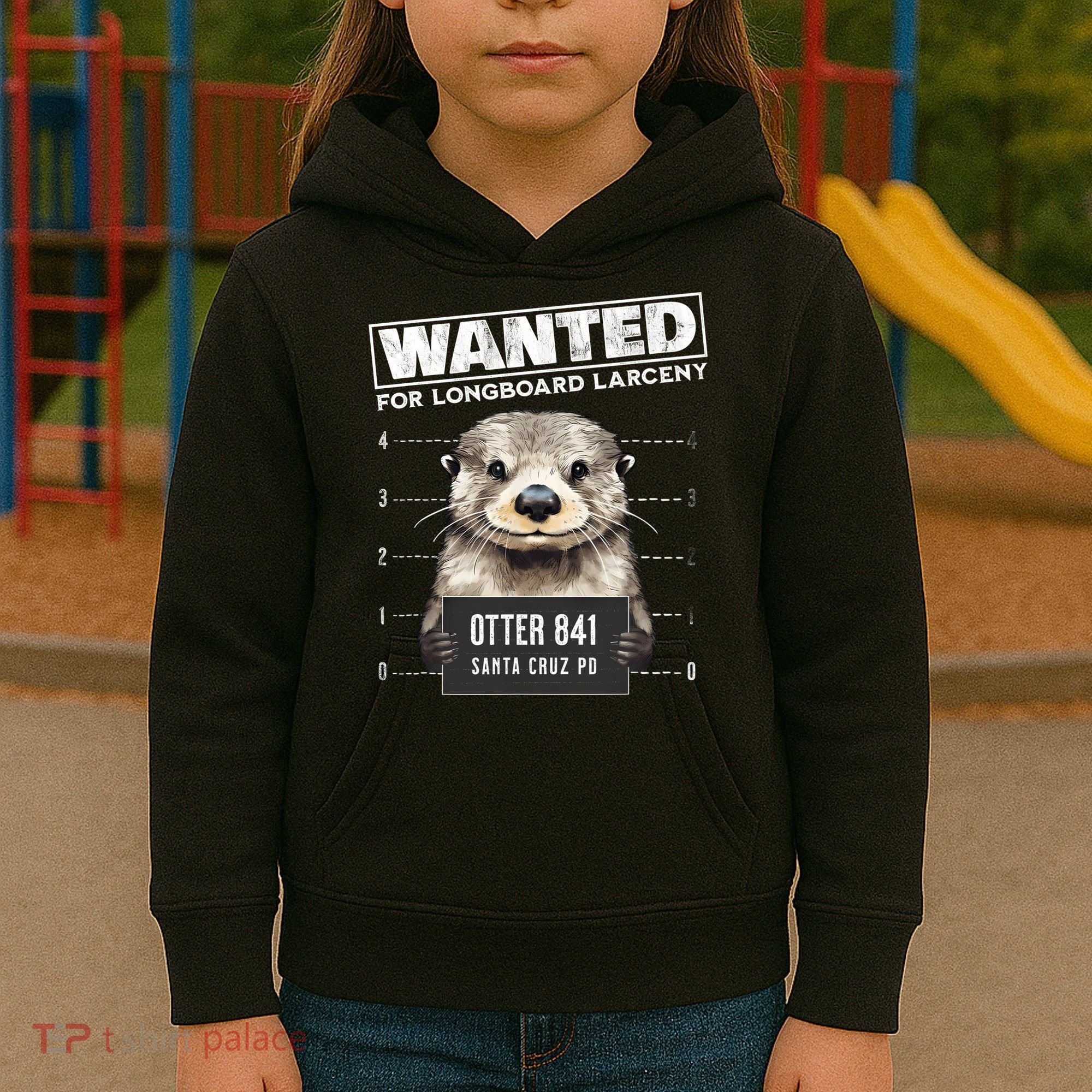 Surfing Otter 841 Wanted For Long Board Larceny Funny Cali Kids Hoodie