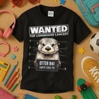 Surfing Otter 841 Wanted For Long Board Larceny Funny Cali Kids T-Shirt thumb 3