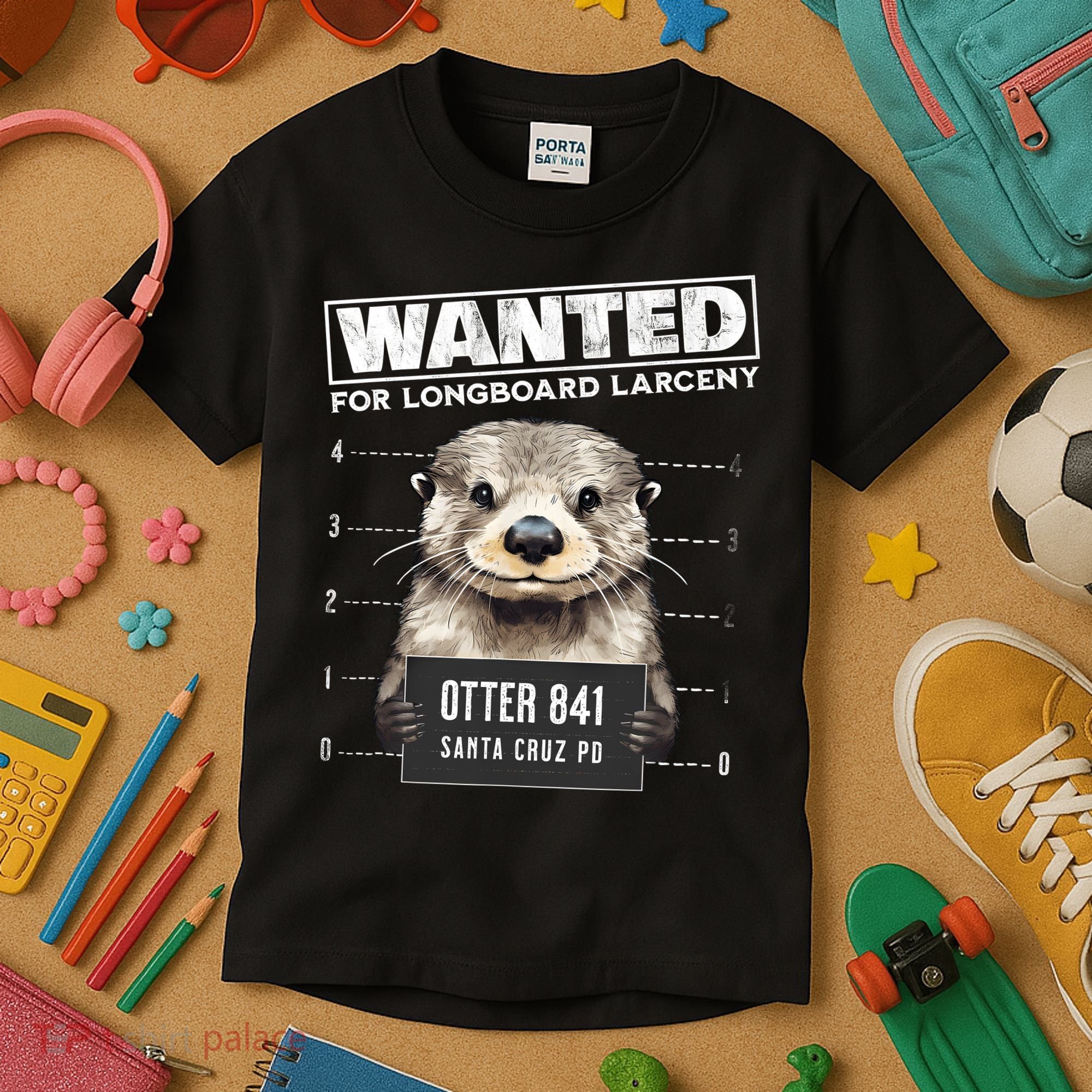 Surfing Otter 841 Wanted For Long Board Larceny Funny Cali Kids T-Shirt