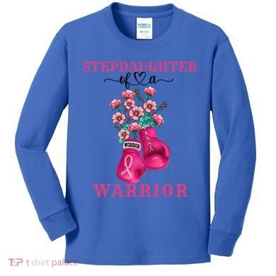 Stepdaughter Of A Warrior Breast Cancer Awareness Support Gift Kids Long Sleeve Shirt