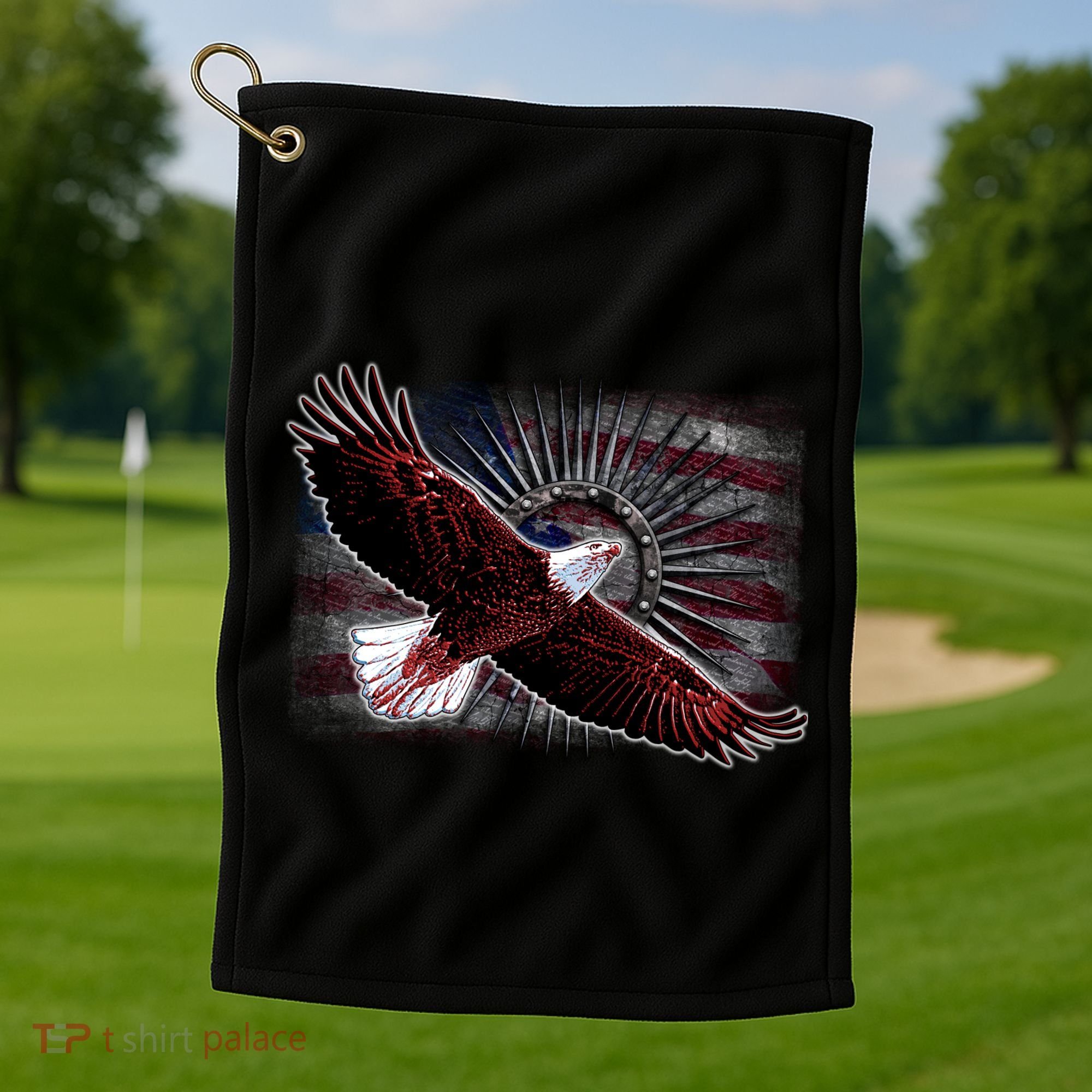 Soaring Metal Eagle American Flag Golf Towel