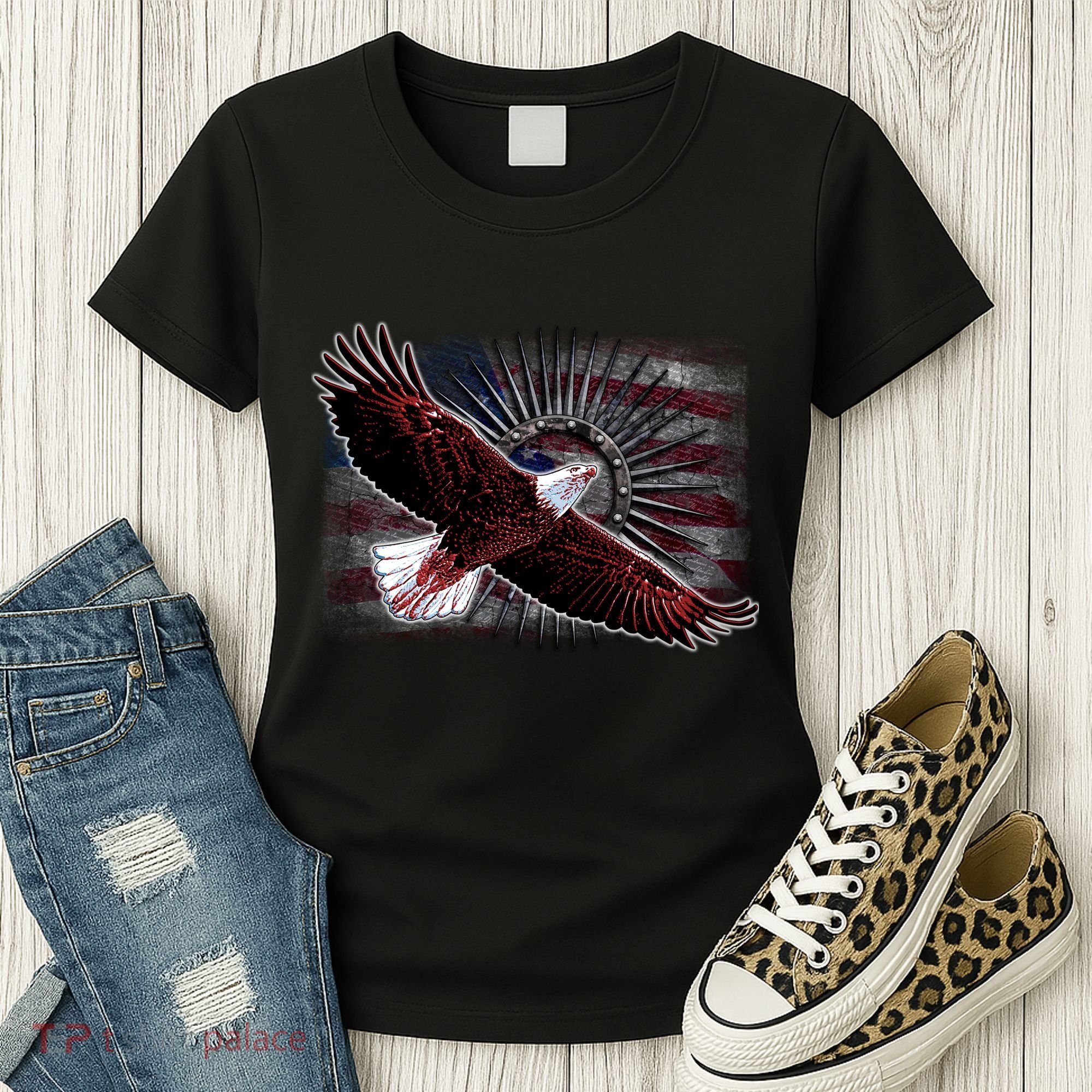 Soaring Metal Eagle American Flag Women's T-Shirt