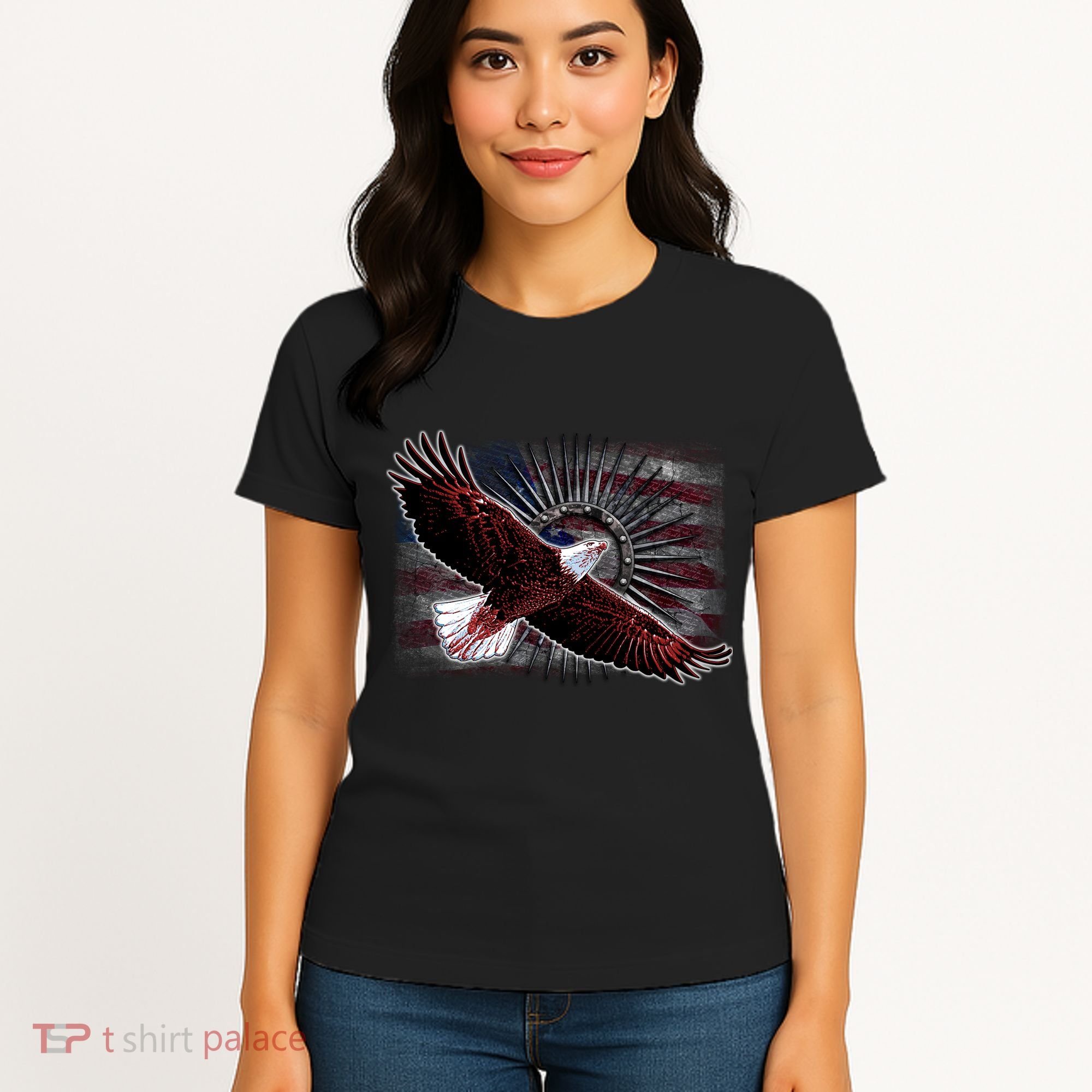 Soaring Metal Eagle American Flag Women's T-Shirt