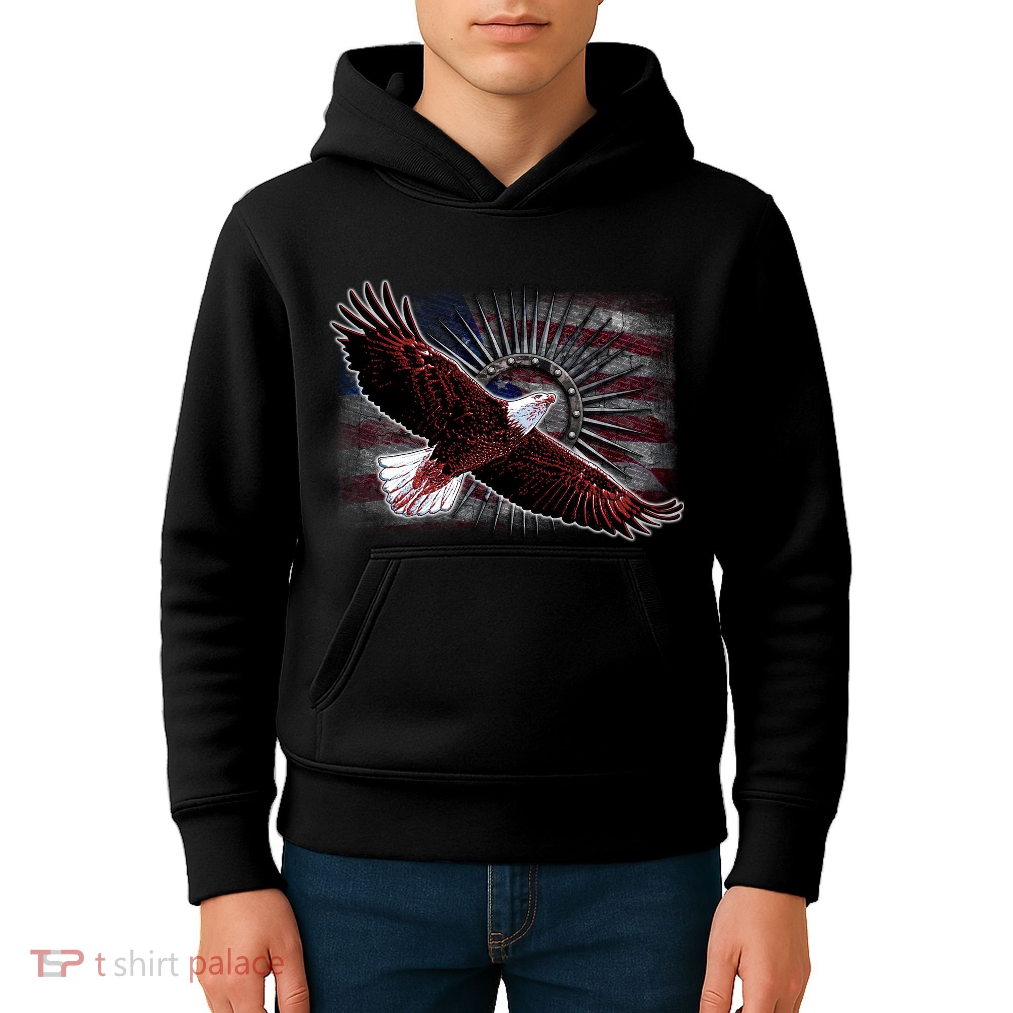 Soaring Metal Eagle American Flag Kids Hoodie