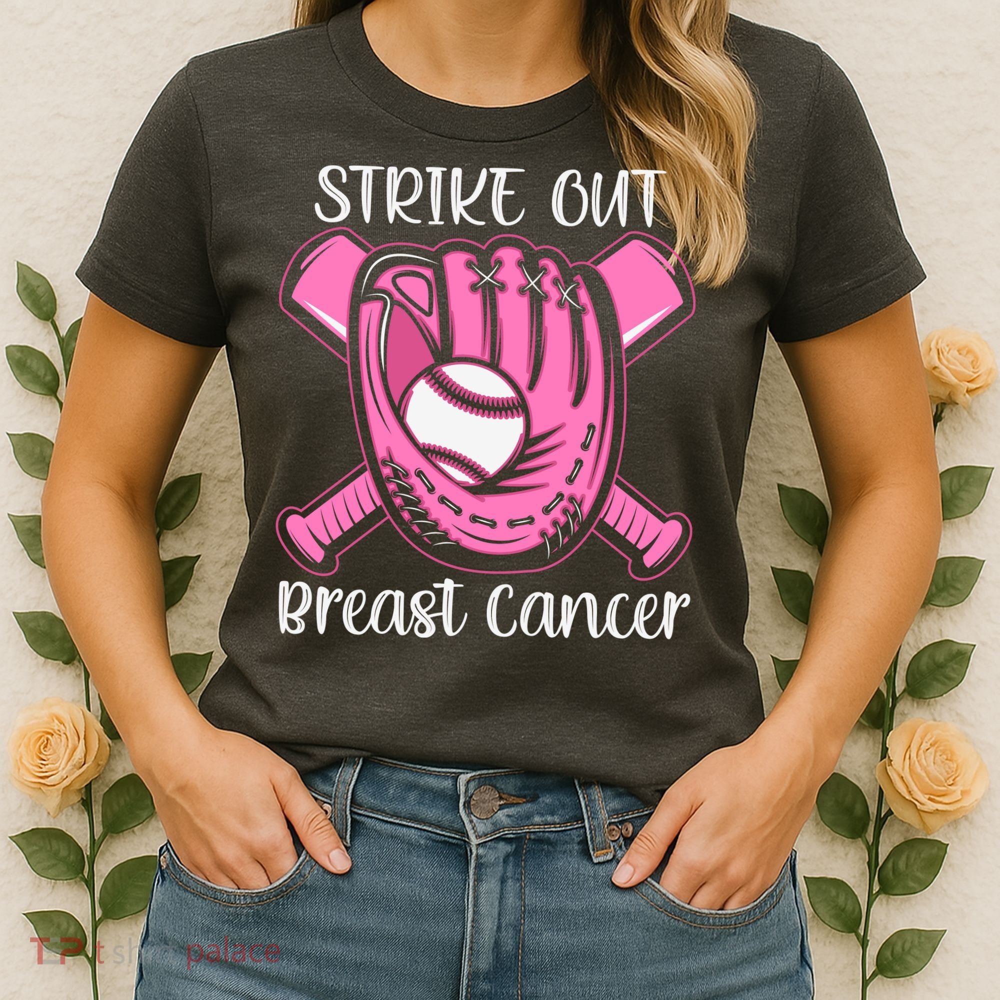 Strike Out Baseball Softball Pink Ribbon Breast Cancer Women's T-Shirt