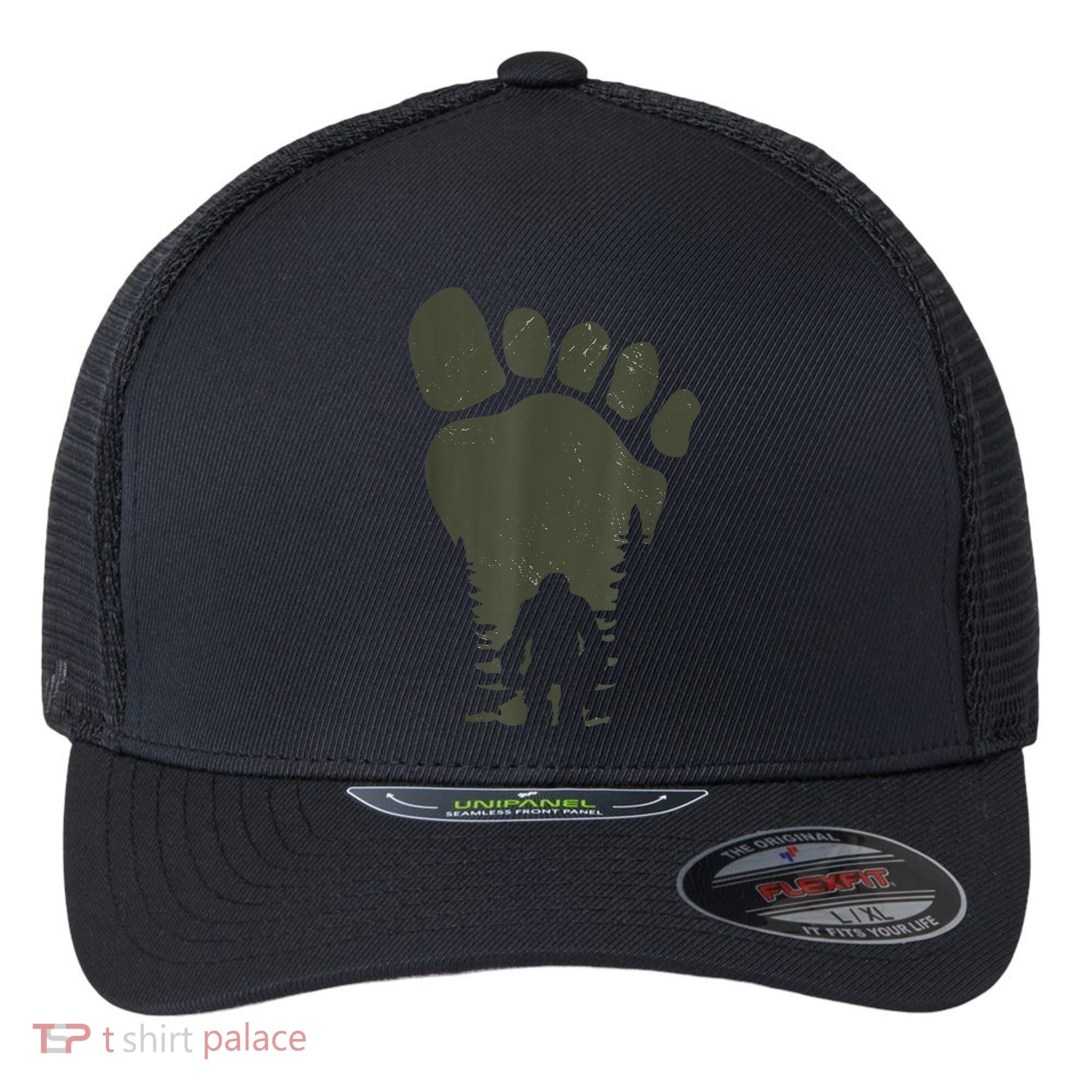 Sasquatch Or Bigfoot In The Forest Footprint Flexfit Unipanel Trucker Cap