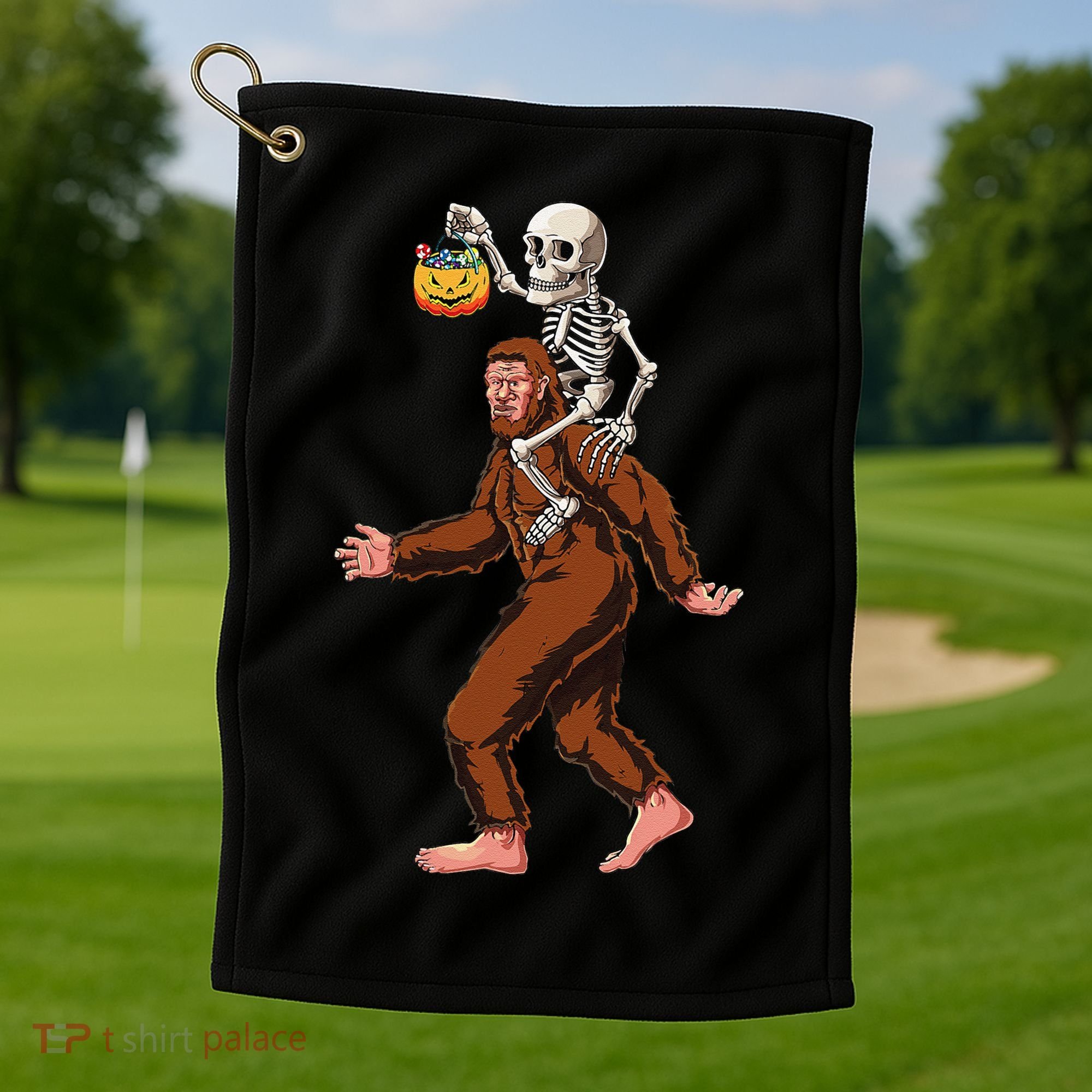 Skeleton On Bigfoot Funny Sasquatch Yeti Halloween Costume Golf Towel