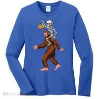 Skeleton On Bigfoot Funny Sasquatch Yeti Halloween Costume Women's Long Sleeve Shirt thumb 0