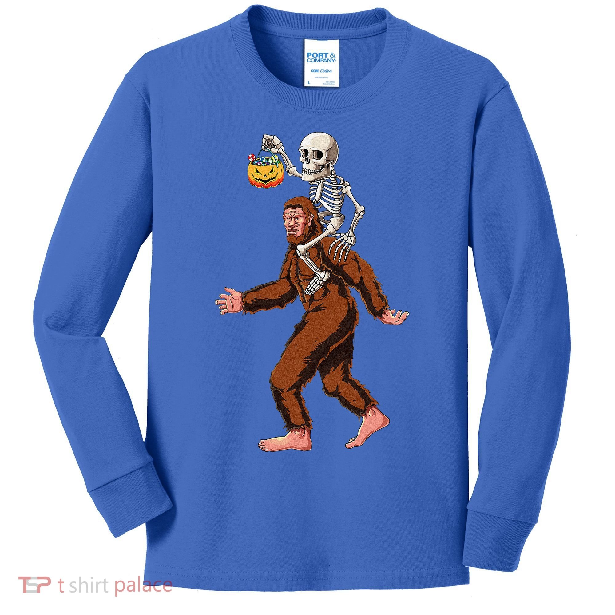 Skeleton On Bigfoot Funny Sasquatch Yeti Halloween Costume Kids Long Sleeve Shirt