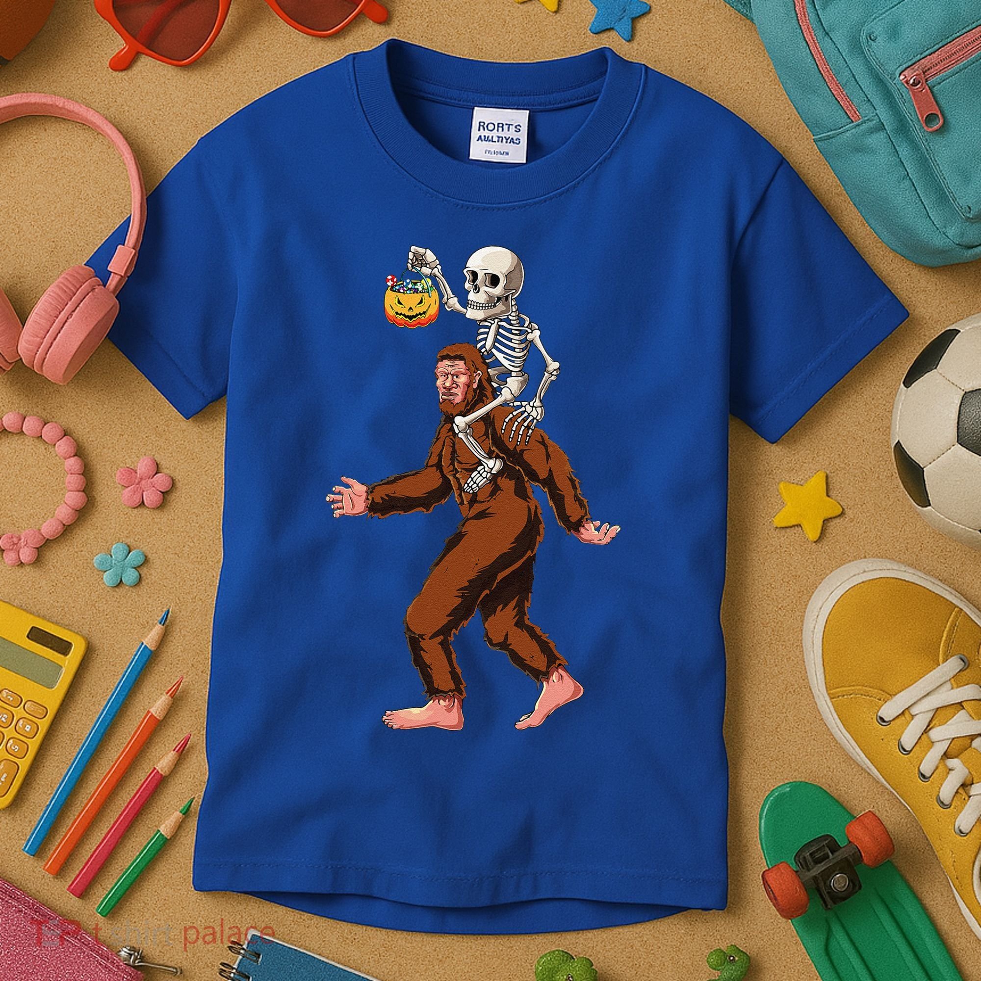 Skeleton On Bigfoot Funny Sasquatch Yeti Halloween Costume Kids T-Shirt