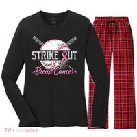 Strike Out Breast Cancer Baseball Breast Cancer Awareness Women's Long Sleeve Flannel Pajama Set  thumb 0