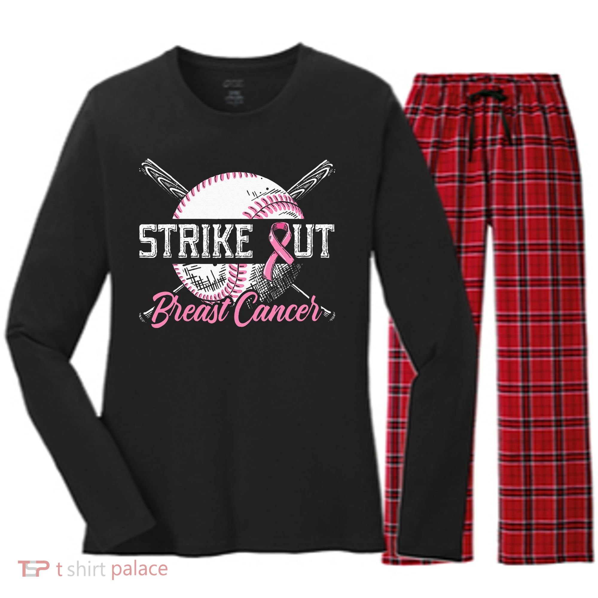 Strike Out Breast Cancer Baseball Breast Cancer Awareness Women's Long Sleeve Flannel Pajama Set 