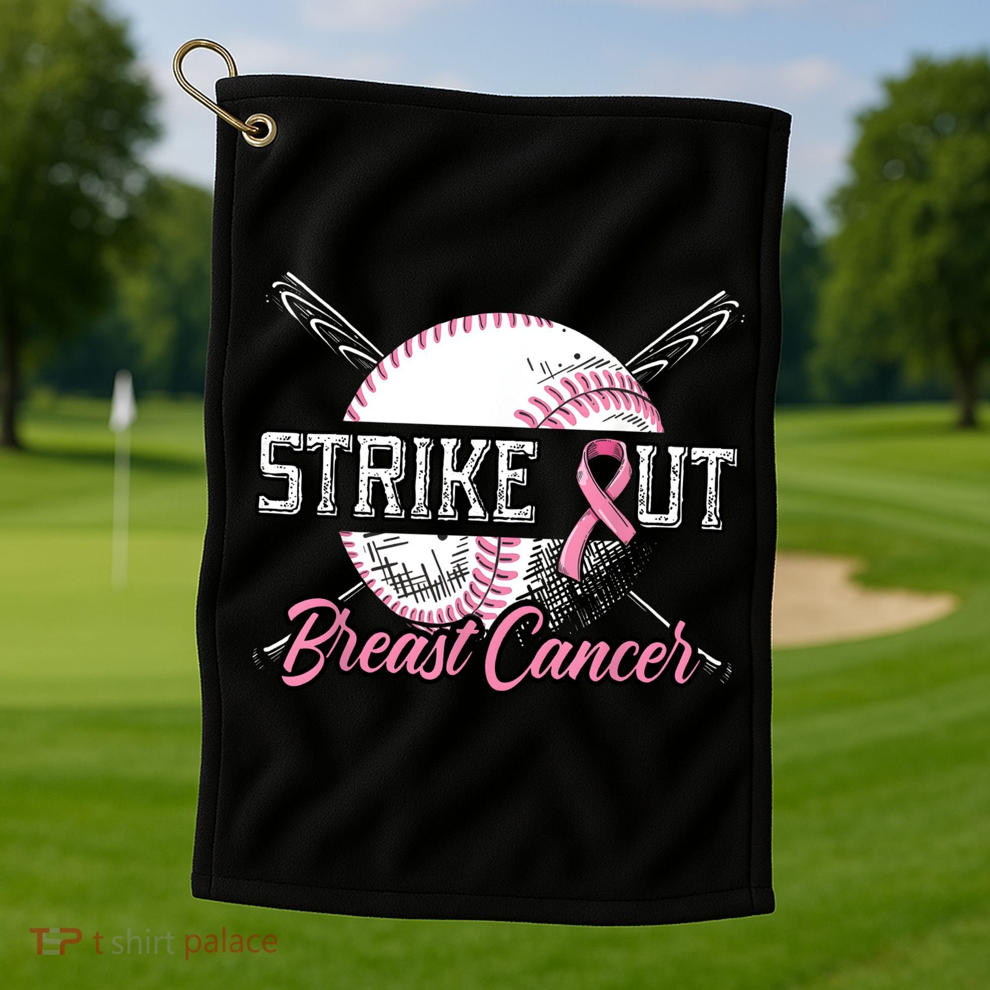 Strike Out Breast Cancer Baseball Pink Ribbon Golf Towel