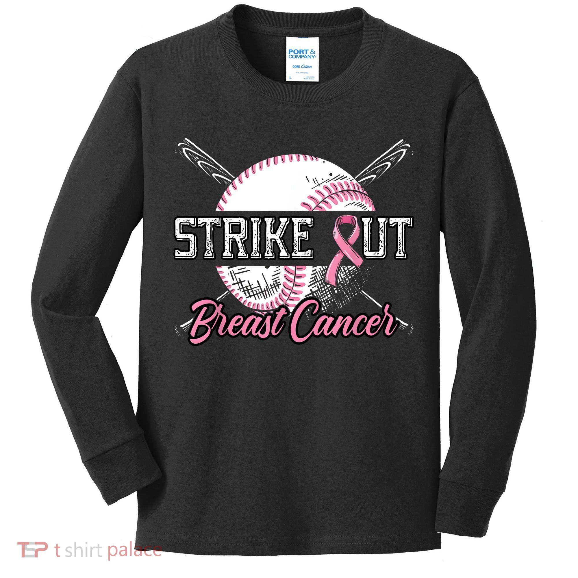 Strike Out Breast Cancer Baseball Pink Ribbon Kids Long Sleeve Shirt