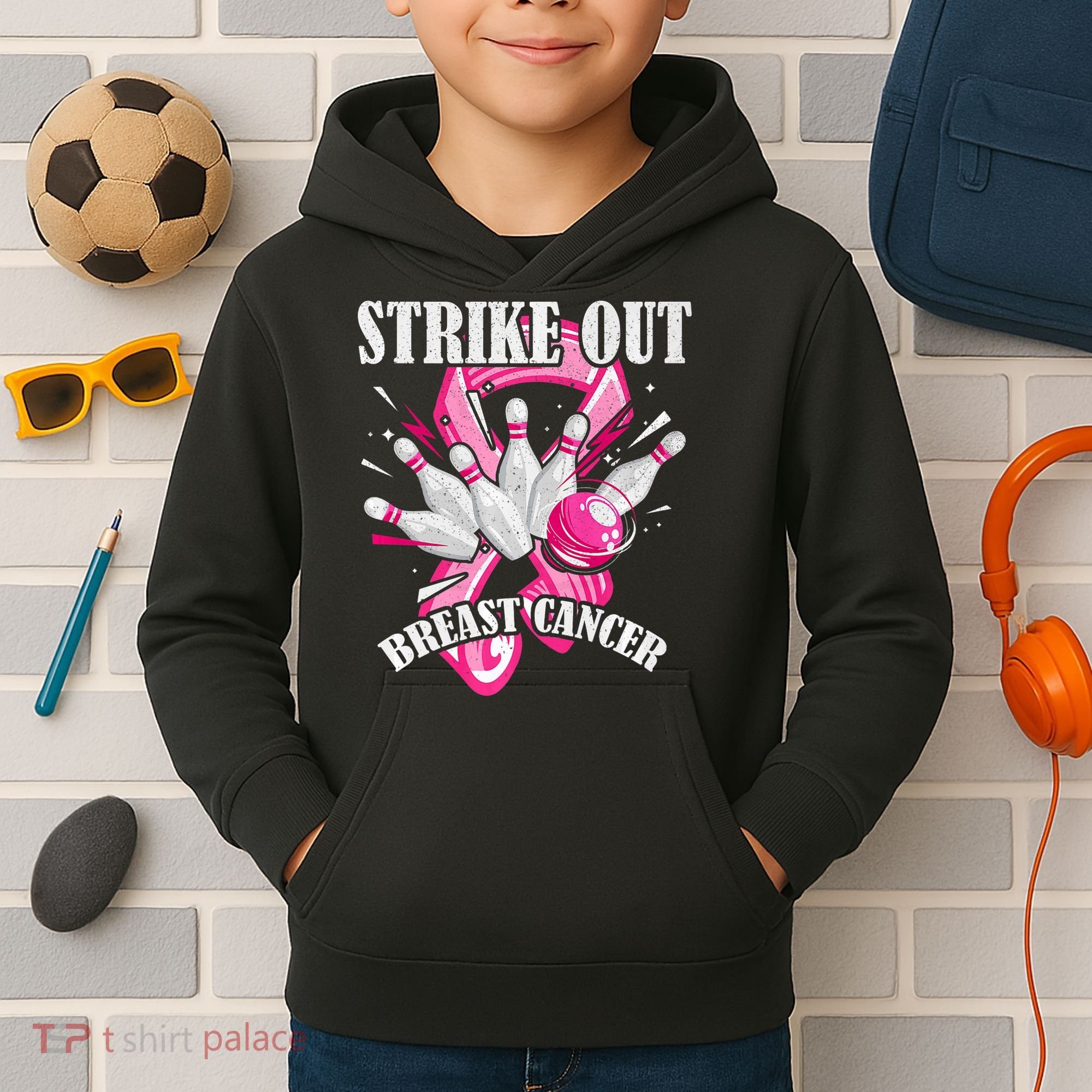 Strike Out Breast Cancer Awareness Bowling Fighter Kids Hoodie